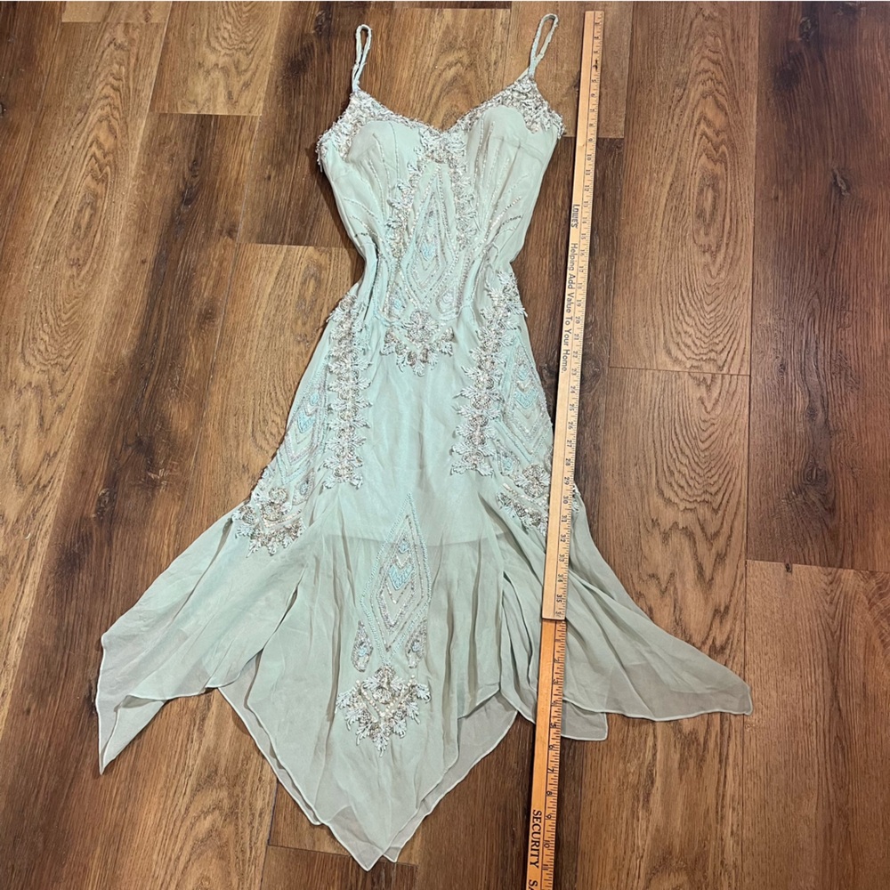 Vintage Green 100% Silk Beaded Dress Vintage Silk Dress Fairy Sue Wong Prom - Picture 11 of 17